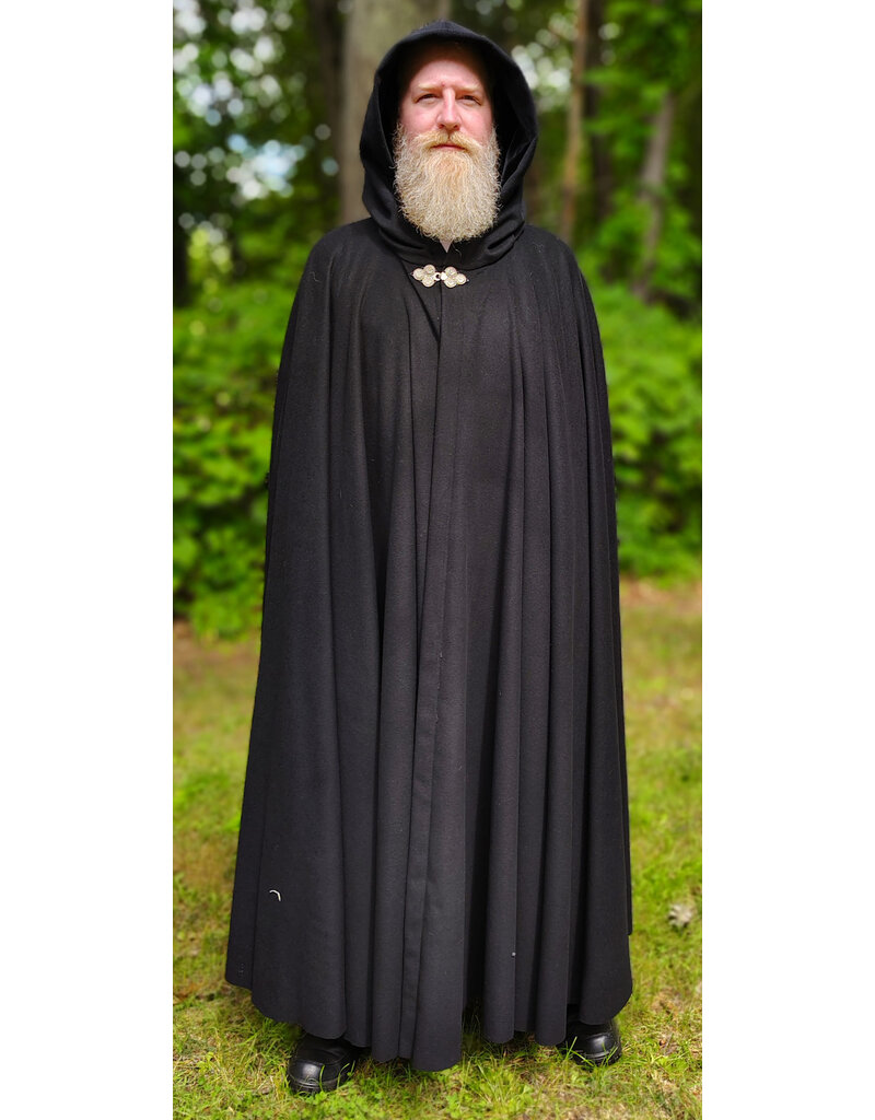 Cloakmakers.com 6115-Black Wool Blend Cloak w/ Black Velvet Hood Lining & Triple Medallion Clasp