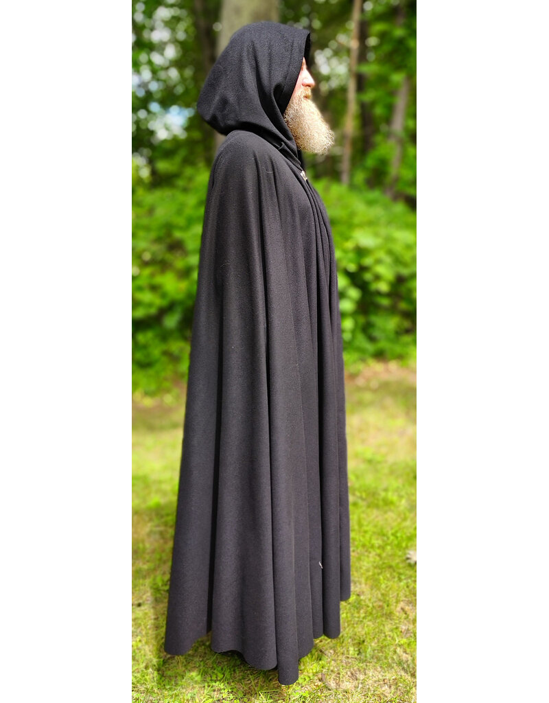Cloakmakers.com 6115-Black Wool Blend Cloak w/ Black Velvet Hood Lining & Triple Medallion Clasp