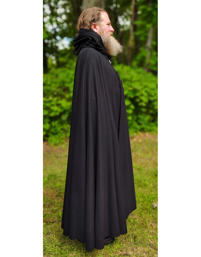 Cloakmakers.com 6115-Black Wool Blend Cloak w/ Black Velvet Hood Lining & Triple Medallion Clasp