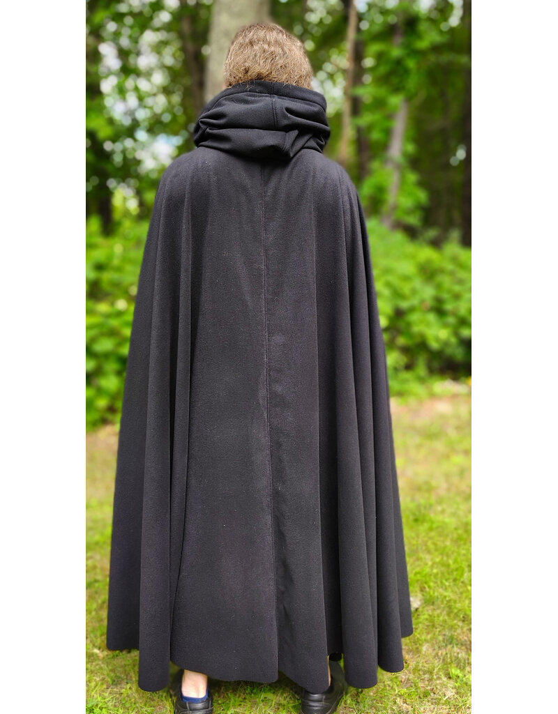 Cloakmakers.com 6115-Black Wool Blend Cloak w/ Black Velvet Hood Lining & Triple Medallion Clasp