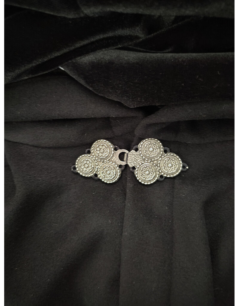 Cloakmakers.com 6115-Black Wool Blend Cloak w/ Black Velvet Hood Lining & Triple Medallion Clasp