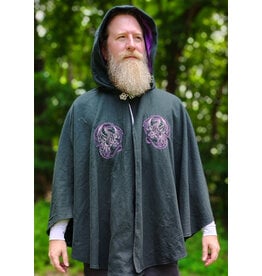 Cloakmakers.com 6117-Washable Slate Blue Wool Cloak w/ Purple Velvet Hood Lining & Purple and Silver Dragon Embroidery & Pockets