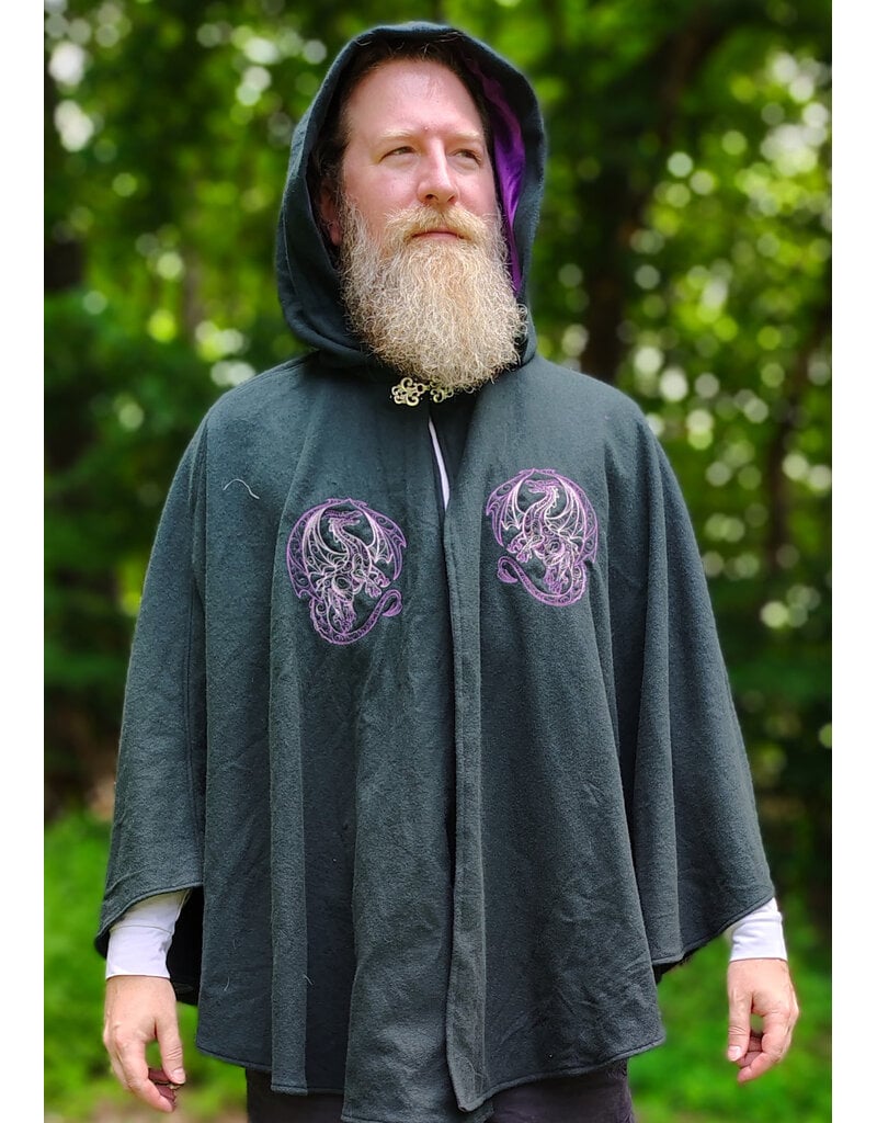 Cloakmakers.com 6117-Washable Slate Blue Wool Cloak w/ Purple Velvet Hood Lining & Purple and Silver Dragon Embroidery & Pockets
