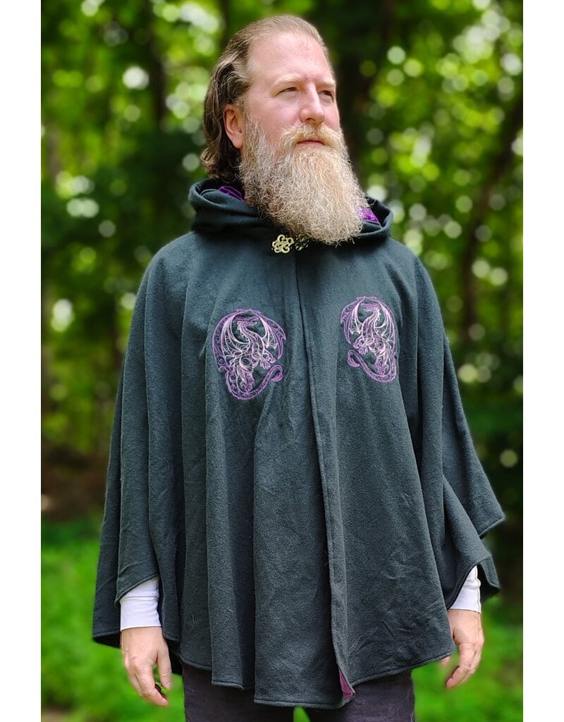 Cloakmakers.com 6117-Washable Slate Blue Wool Cloak w/ Purple Velvet Hood Lining & Purple and Silver Dragon Embroidery & Pockets