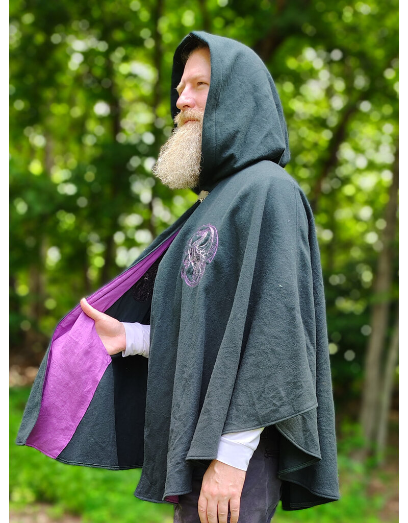 Cloakmakers.com 6117-Washable Slate Blue Wool Cloak w/ Purple Velvet Hood Lining & Purple and Silver Dragon Embroidery & Pockets