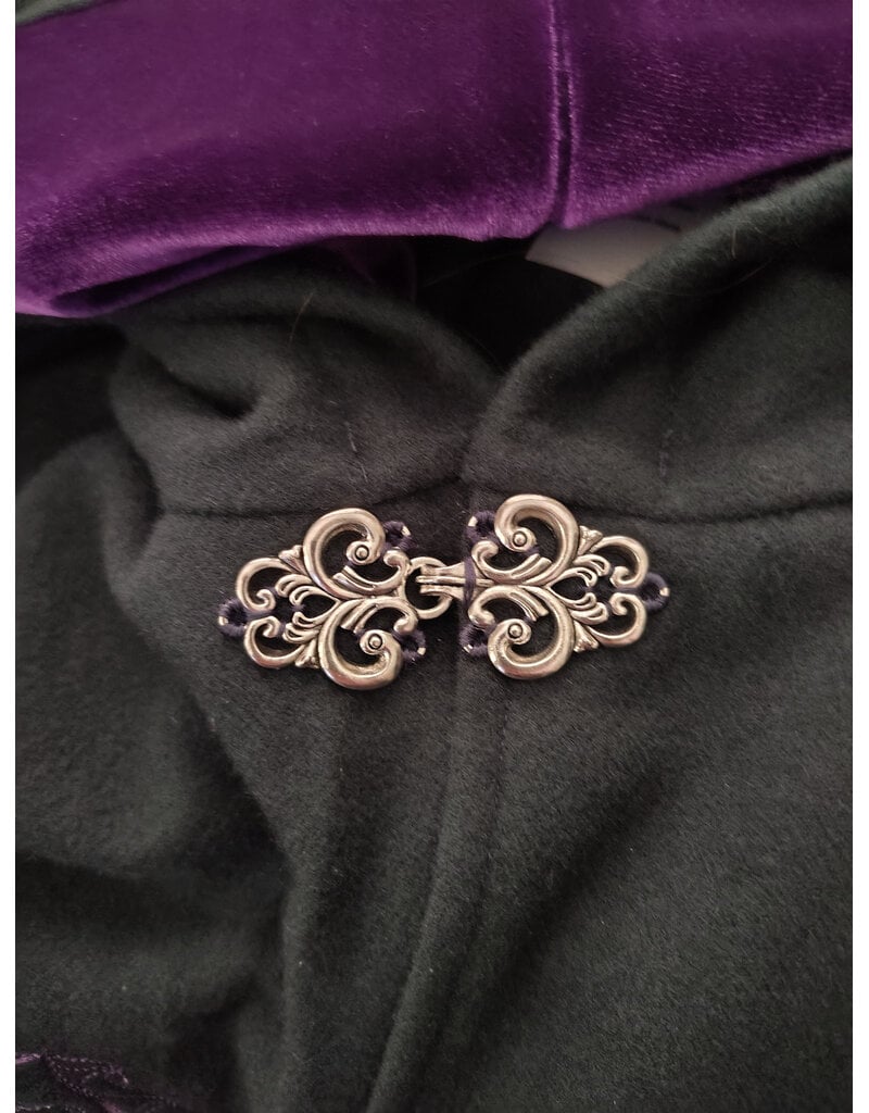 Cloakmakers.com 6117-Washable Slate Blue Wool Cloak w/ Purple Velvet Hood Lining & Purple and Silver Dragon Embroidery & Pockets