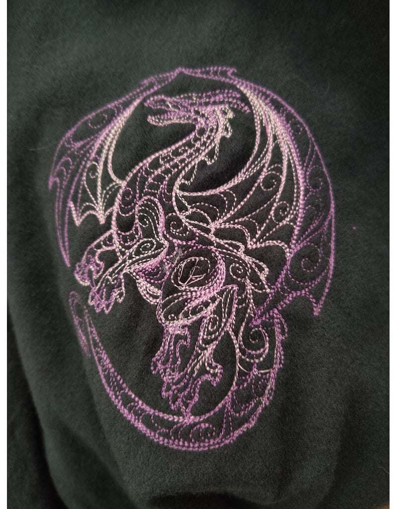 Cloakmakers.com 6117-Washable Slate Blue Wool Cloak w/ Purple Velvet Hood Lining & Purple and Silver Dragon Embroidery & Pockets