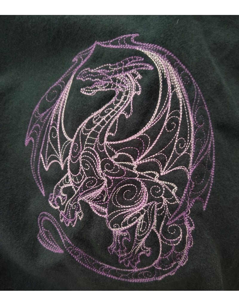 Cloakmakers.com 6117-Washable Slate Blue Wool Cloak w/ Purple Velvet Hood Lining & Purple and Silver Dragon Embroidery & Pockets