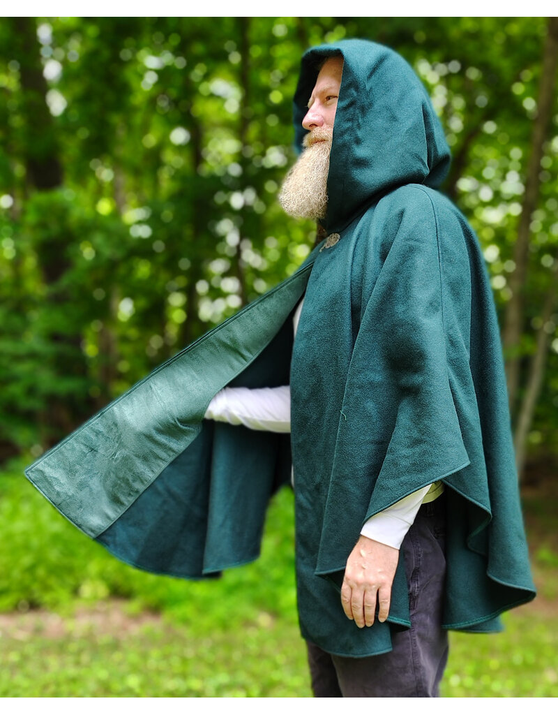 Cloakmakers.com 6118-Washable Green Wool Cloak w/ Green Velvet Hood Lining & Green Linen Pockets