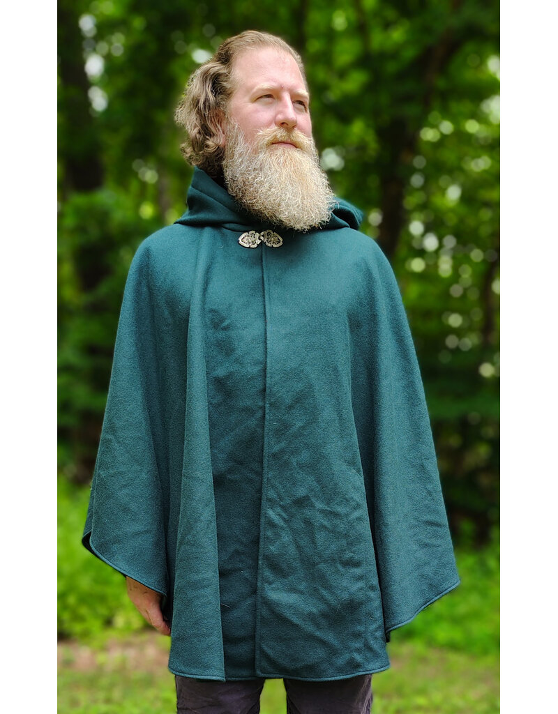 Cloakmakers.com 6118-Washable Green Wool Cloak w/ Green Velvet Hood Lining & Green Linen Pockets