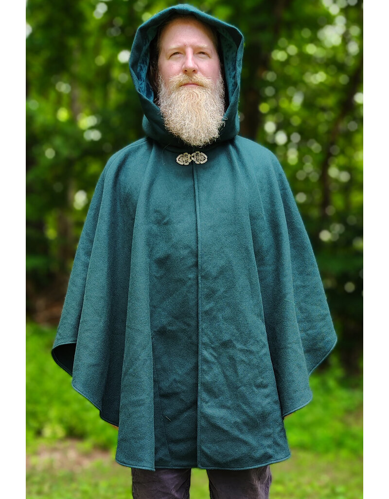 Cloakmakers.com 6118-Washable Green Wool Cloak w/ Green Velvet Hood Lining & Green Linen Pockets