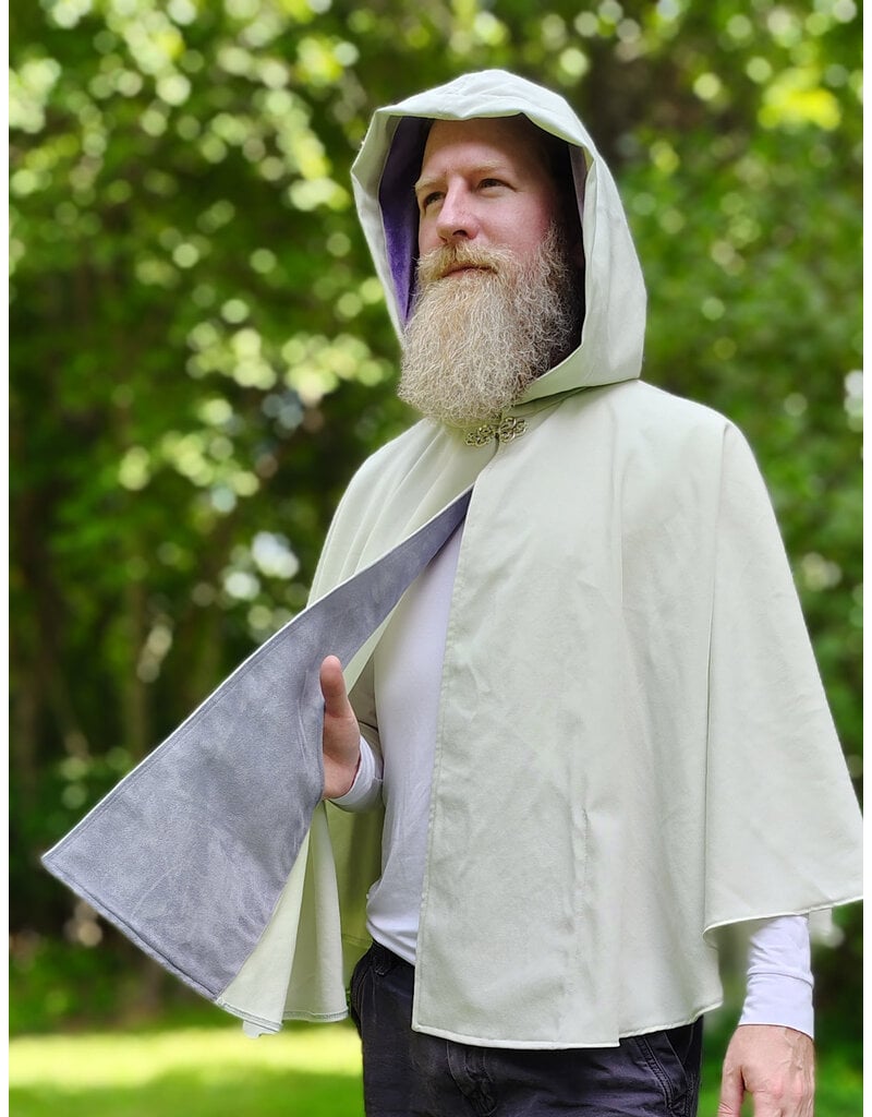 Cloakmakers.com 6119-Washable Lightweight Light Seafoam Wool Cloak w/ Purple Velvet Hood Lining & Large Elemental Embroidery & Lavender Faux Suede Pockets