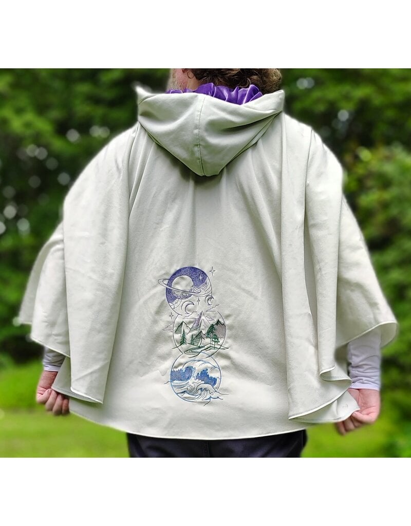 Cloakmakers.com 6119-Washable Lightweight Light Seafoam Wool Cloak w/ Purple Velvet Hood Lining & Large Elemental Embroidery & Lavender Faux Suede Pockets
