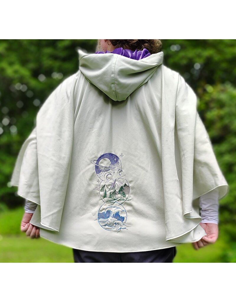 Cloakmakers.com 6119-Washable Lightweight Seafoam Wool Cloak w/ Purple Velvet Hood Lining & Elemental Embroidery & Pockets