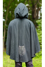 Cloakmakers.com 6120-Washable Dark Slate Blue Wool Cloak w/ Grey Velveteen Hood Lining & Wolf & Fox Embroidery & Pockets