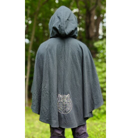 Cloakmakers.com 6120-Washable Dark Slate Blue Wool Cloak w/ Grey Velveteen Hood Lining & Wolf & Fox Embroidery & Pockets