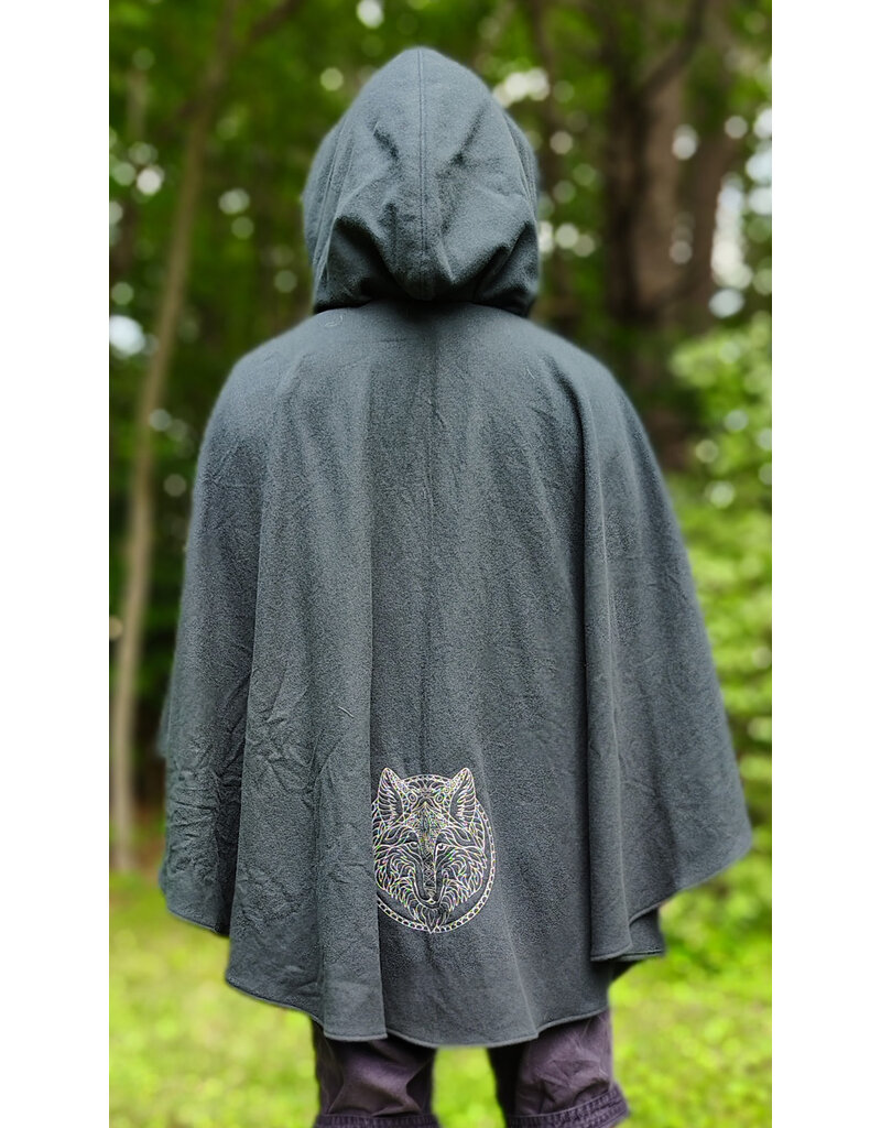 Cloakmakers.com 6120-Washable Dark Slate Blue Wool Cloak w/ Grey Velveteen Hood Lining & Wolf & Fox Embroidery & Pockets