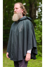 Cloakmakers.com 6120-Washable Dark Slate Blue Wool Cloak w/ Grey Velveteen Hood Lining & Wolf & Fox Embroidery & Pockets