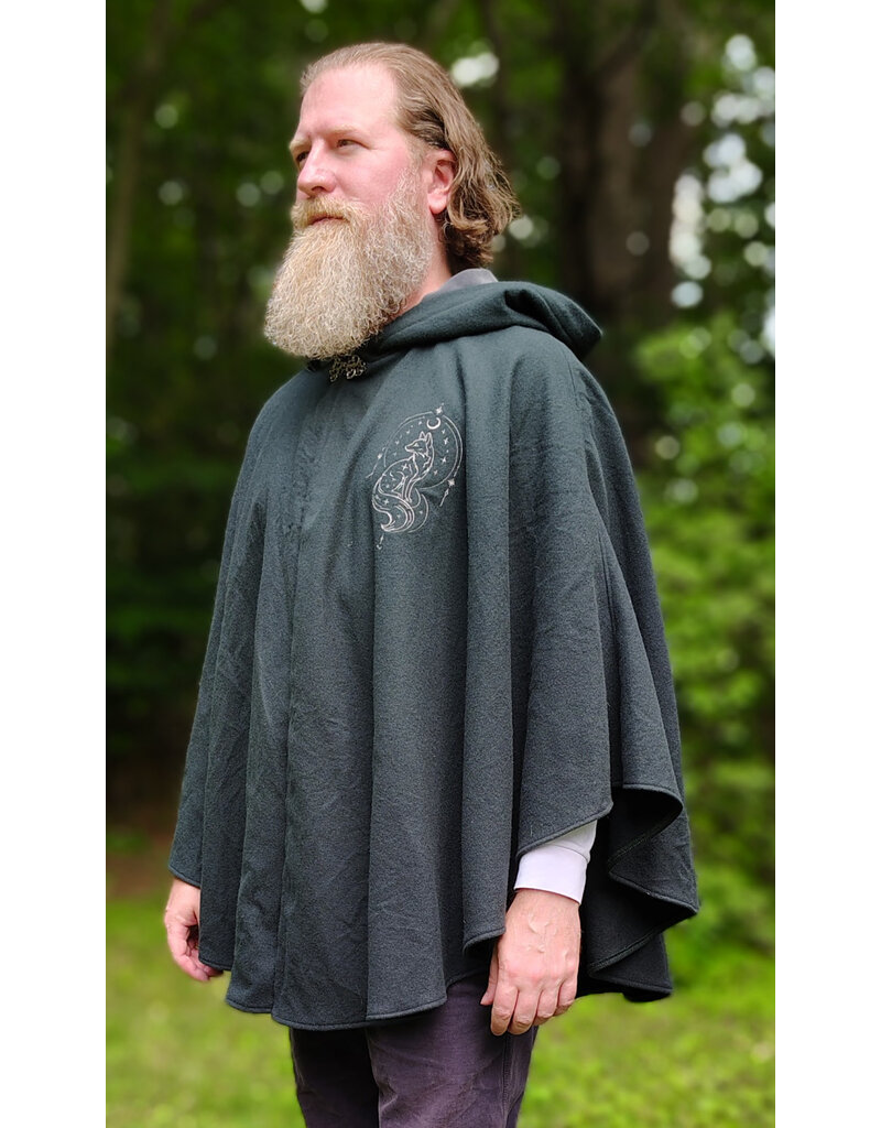 Cloakmakers.com 6120-Washable Dark Slate Blue Wool Cloak w/ Grey Velveteen Hood Lining & Wolf & Fox Embroidery & Pockets