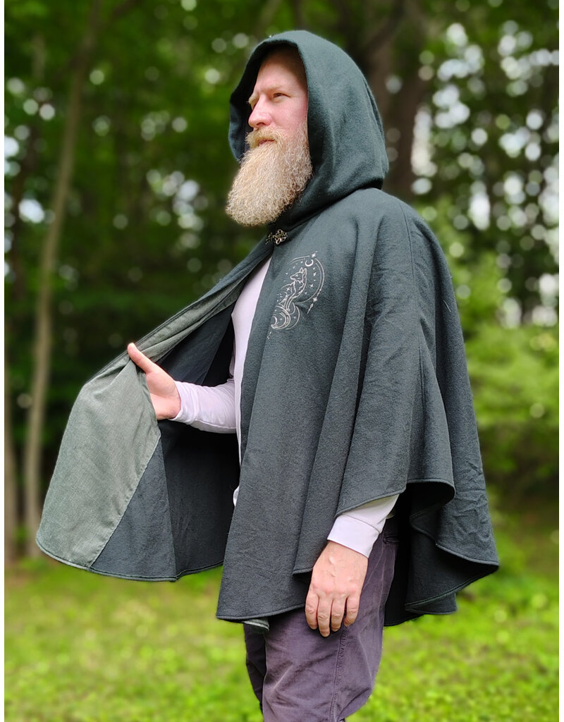Cloakmakers.com 6120-Washable Dark Slate Blue Wool Cloak w/ Grey Velveteen Hood Lining & Wolf & Fox Embroidery & Pockets