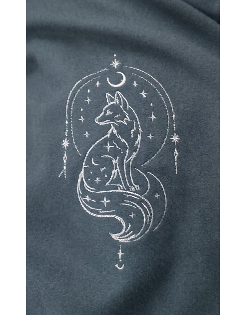 Cloakmakers.com 6120-Washable Dark Slate Blue Wool Cloak w/ Grey Velveteen Hood Lining & Wolf & Fox Embroidery & Pockets
