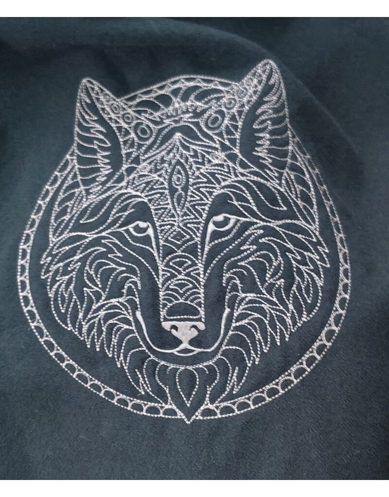 Cloakmakers.com 6120-Washable Dark Slate Blue Wool Cloak w/ Grey Velveteen Hood Lining & Wolf & Fox Embroidery & Pockets