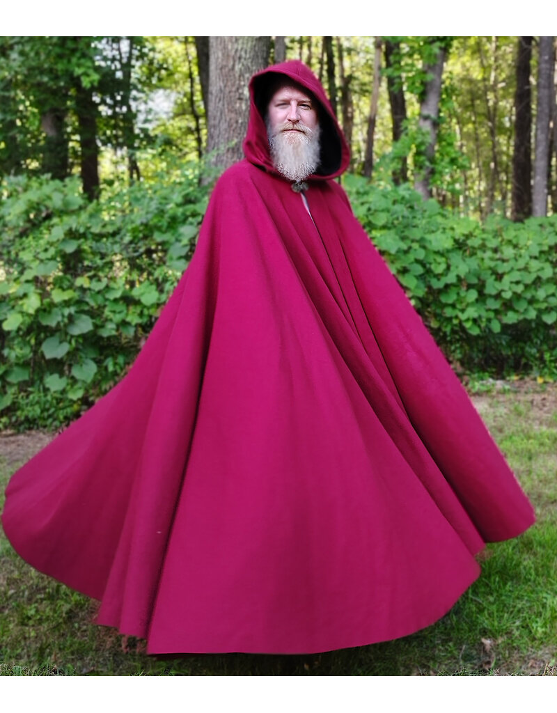 Cloakmakers.com 6121-Washable Crimson Wool Blend Cloak w/ Black Velvet Hood Lining & Gothic Rose Clasp
