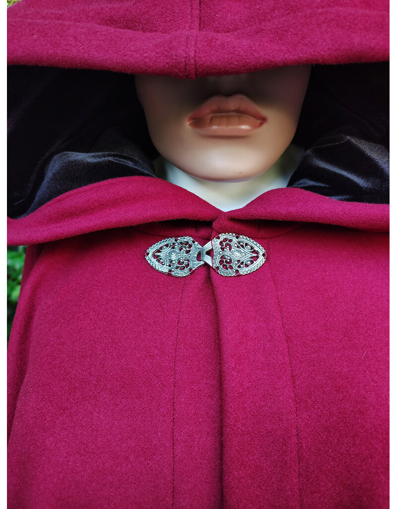 Cloakmakers.com 6121-Washable Crimson Wool Blend Cloak w/ Black Velvet Hood Lining & Gothic Rose Clasp