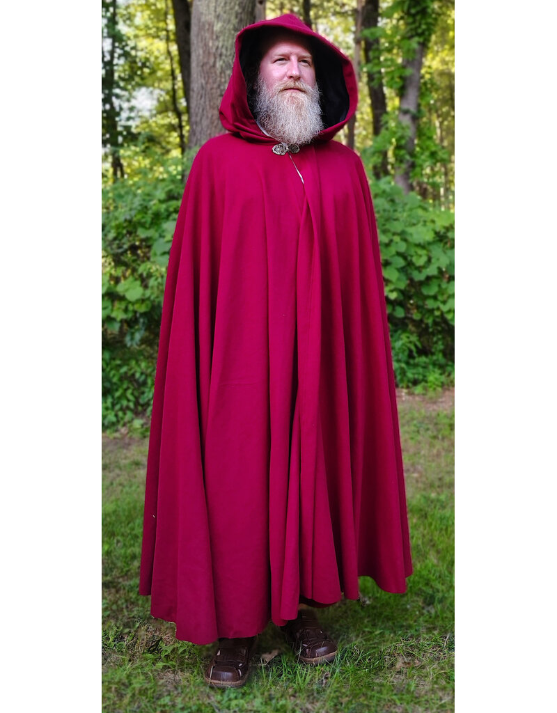 Cloakmakers.com 6121-Washable Crimson Wool Blend Cloak w/ Black Velvet Hood Lining & Gothic Rose Clasp
