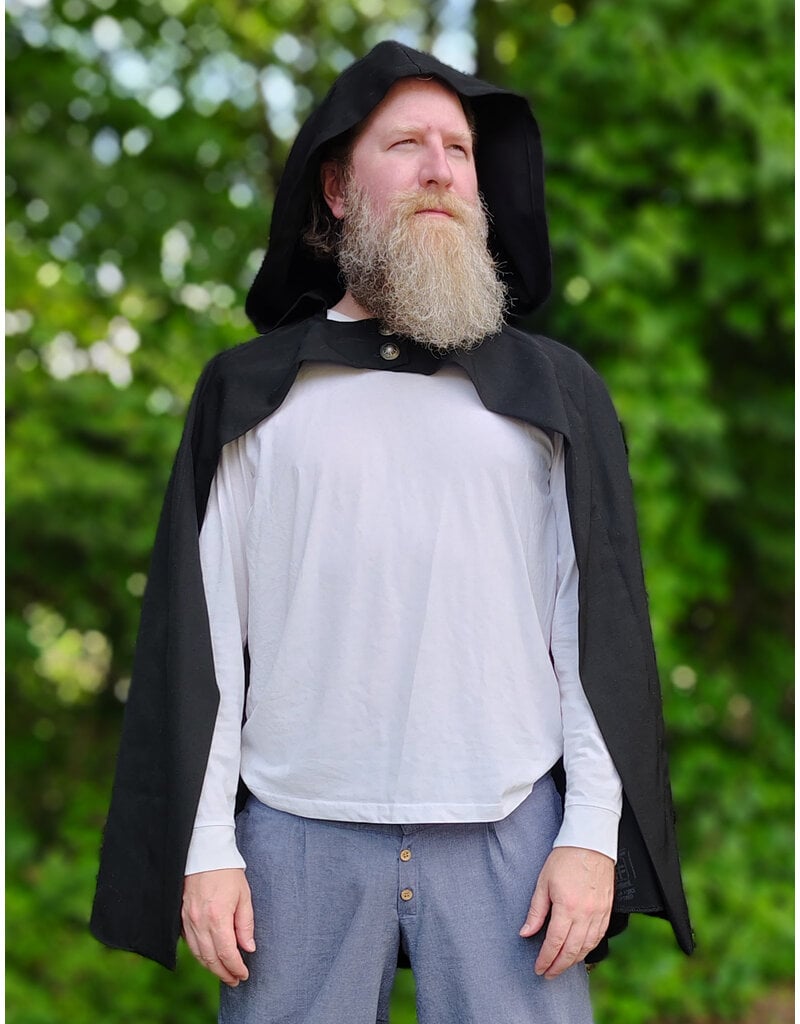 Cloakmakers.com 6122-Washable Lightweight Black Wool Blend Open Front Cloak w/ Two Silver Tone Buttons & Rain Resistance