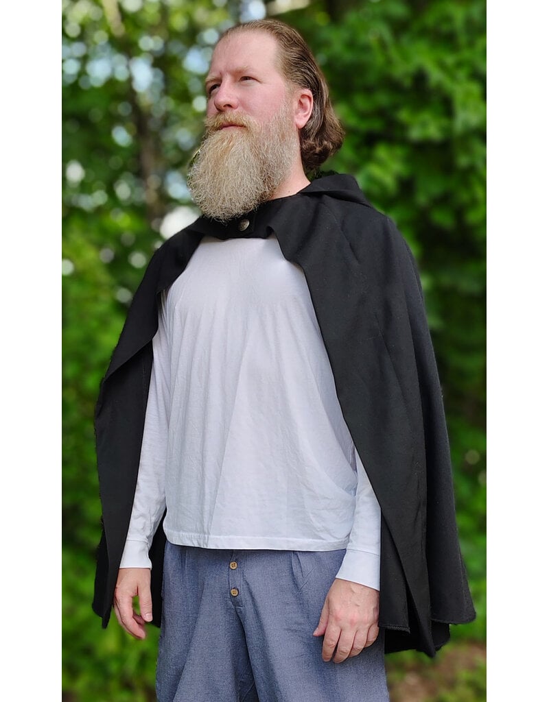 Cloakmakers.com 6122-Washable Lightweight Black Wool Blend Open Front Cloak w/ Two Silver Tone Buttons & Rain Resistance