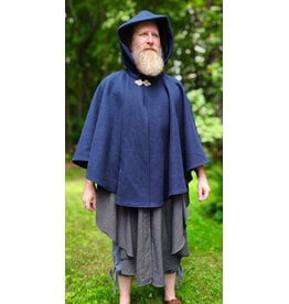 Cloakmakers.com 6123-Washable Blue & Grey Micro-check Mantle Cloak w/ Black Velvet Hood Lining & Triple Medallion Clasp & Pockets