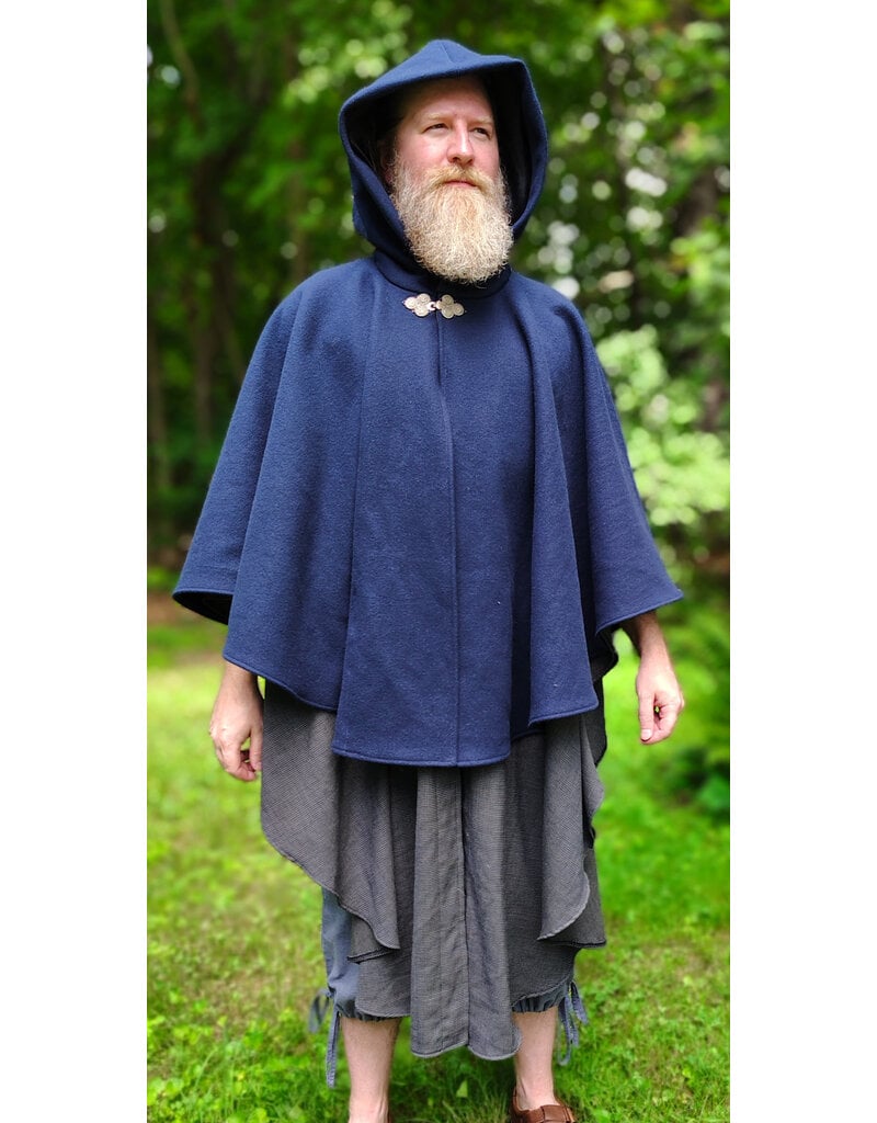 Cloakmakers.com 6123-Washable Blue & Grey Micro-check Mantle Cloak w/ Black Velvet Hood Lining & Triple Medallion Clasp & Pockets