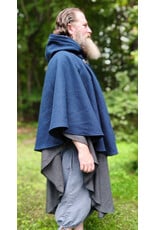Cloakmakers.com 6123-Washable Blue & Grey Micro-check Mantle Cloak w/ Black Velvet Hood Lining & Triple Medallion Clasp & Pockets