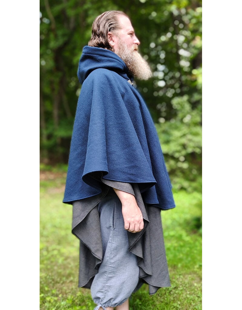 Cloakmakers.com 6123-Washable Blue & Grey Micro-check Mantle Cloak w/ Black Velvet Hood Lining & Triple Medallion Clasp & Pockets