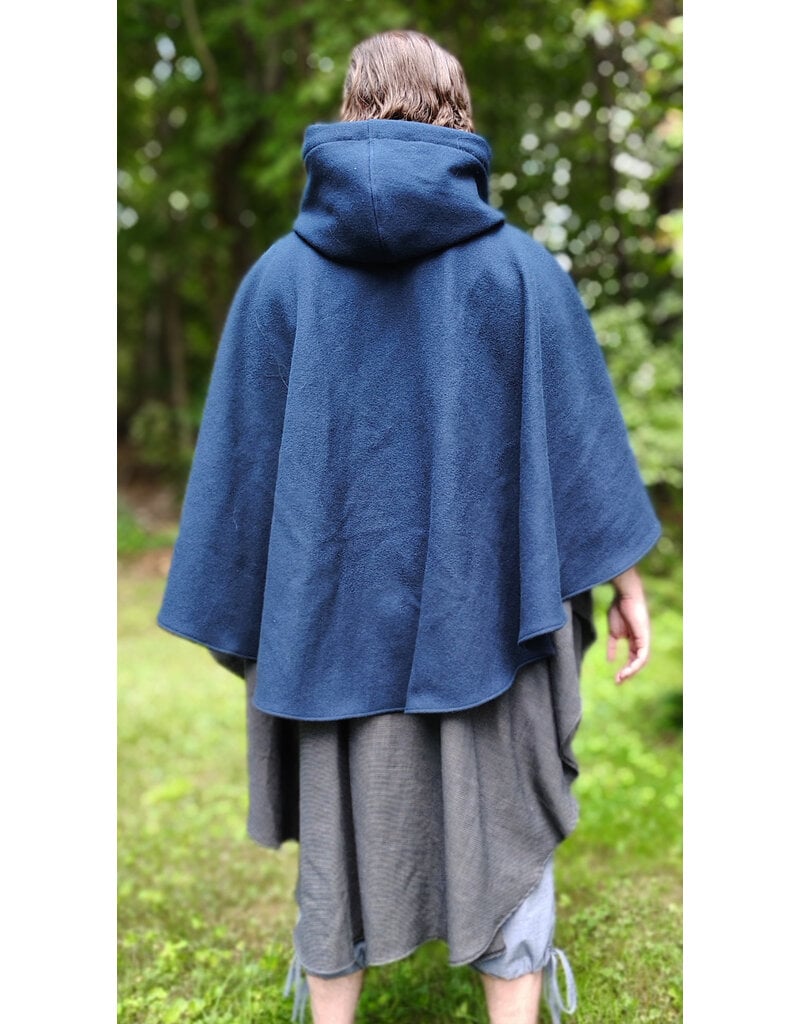 Cloakmakers.com 6123-Washable Blue & Grey Micro-check Mantle Cloak w/ Black Velvet Hood Lining & Triple Medallion Clasp & Pockets