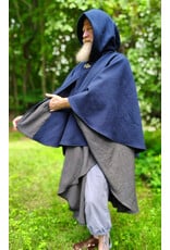 Cloakmakers.com 6123-Washable Blue & Grey Micro-check Mantle Cloak w/ Black Velvet Hood Lining & Triple Medallion Clasp & Pockets