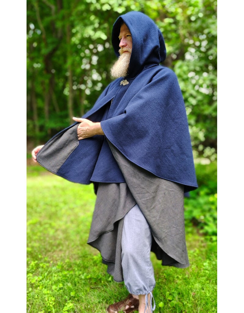 Cloakmakers.com 6123-Washable Blue & Grey Micro-check Mantle Cloak w/ Black Velvet Hood Lining & Triple Medallion Clasp & Pockets