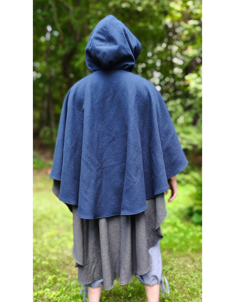 Cloakmakers.com 6123-Washable Blue & Grey Micro-check Mantle Cloak w/ Black Velvet Hood Lining & Triple Medallion Clasp & Pockets