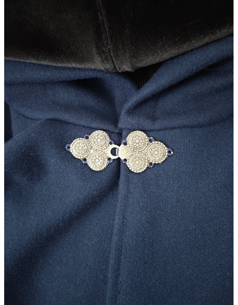 Cloakmakers.com 6123-Washable Blue & Grey Micro-check Mantle Cloak w/ Black Velvet Hood Lining & Triple Medallion Clasp & Pockets