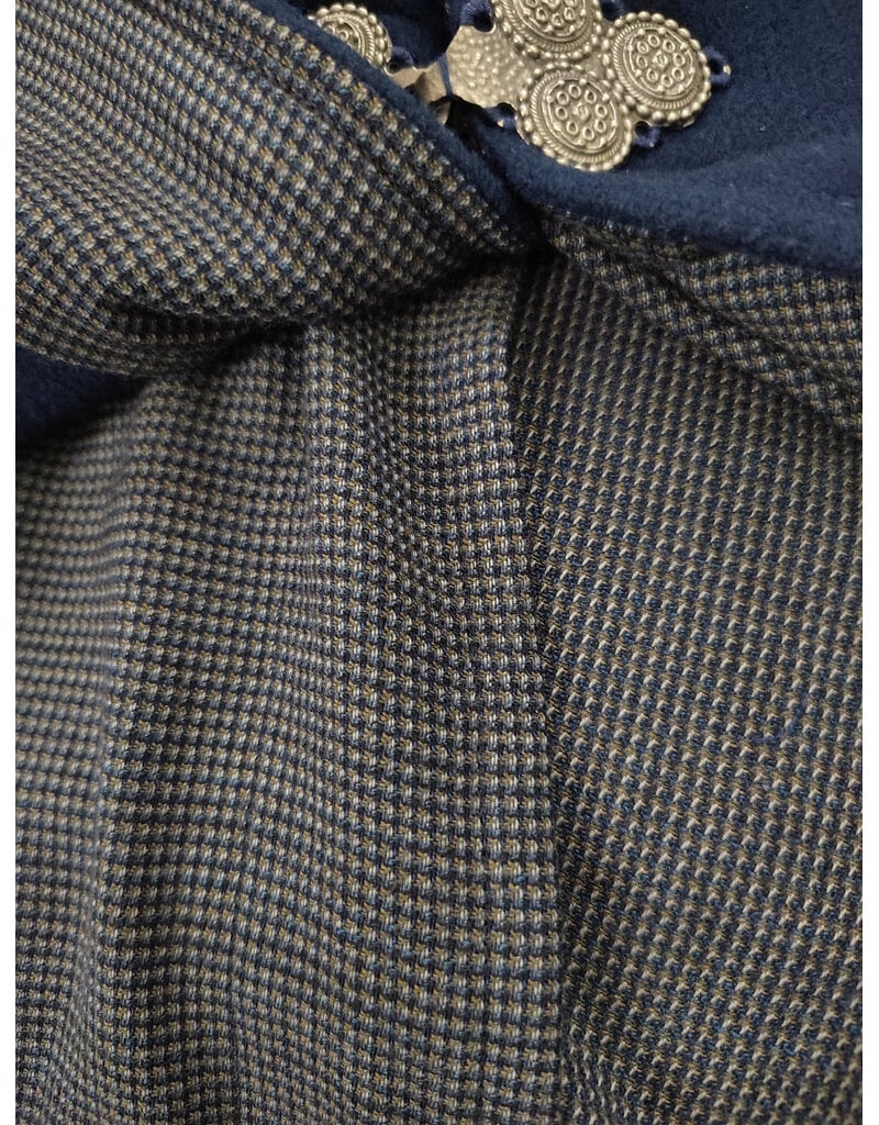 Cloakmakers.com 6123-Washable Blue & Grey Micro-check Mantle Cloak w/ Black Velvet Hood Lining & Triple Medallion Clasp & Pockets