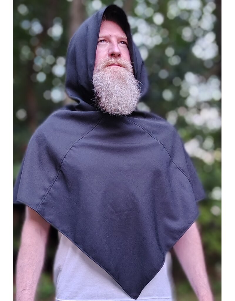 Cloakmakers.com H588-Washable Black Lightweight Wool Blend Hooded Cowl w/ Pointy Hood