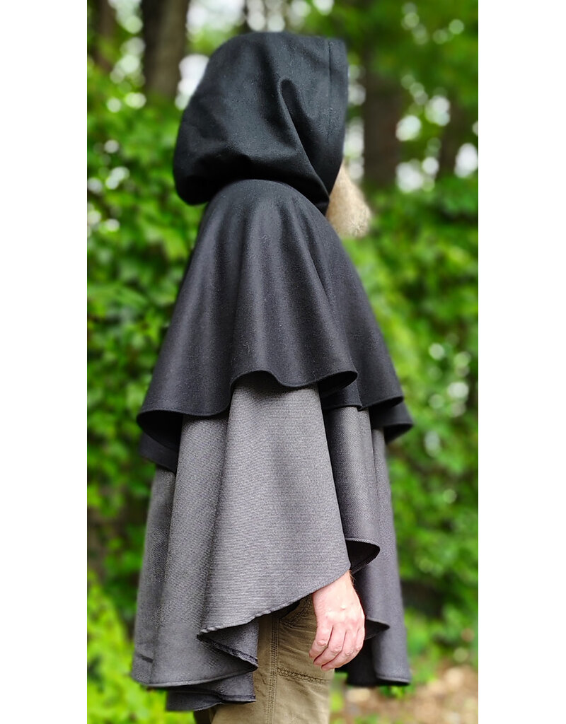 Cloakmakers.com 6126-Black & Grey Micro-Check Mantle Cloak w/ Black Velvet Hood Lining & Triple Medallion Clasp