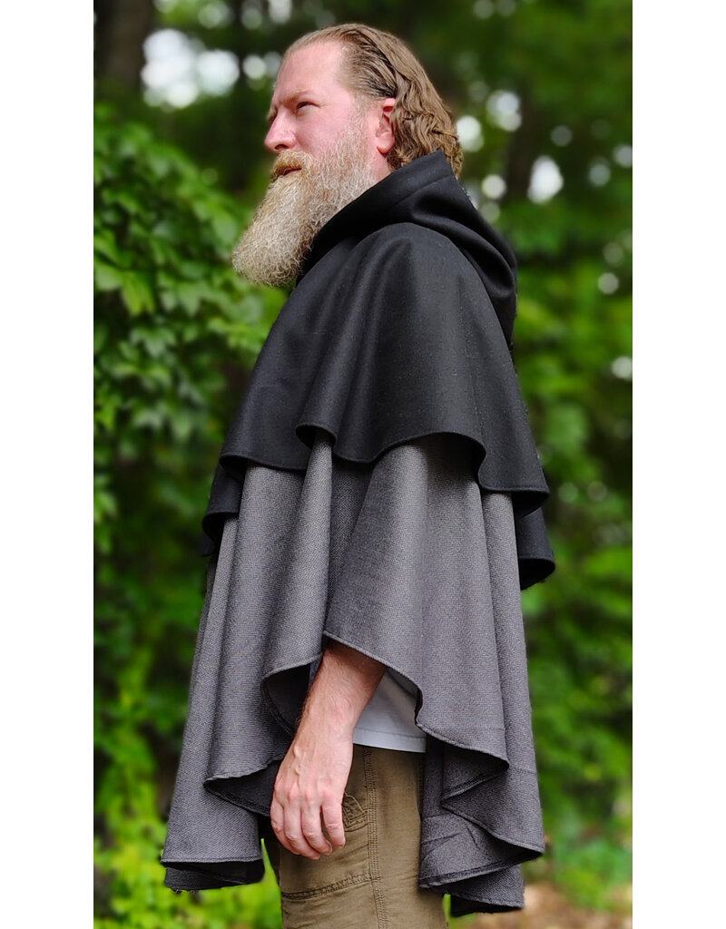 Cloakmakers.com 6126-Black & Grey Micro-Check Mantle Cloak w/ Black Velvet Hood Lining & Triple Medallion Clasp