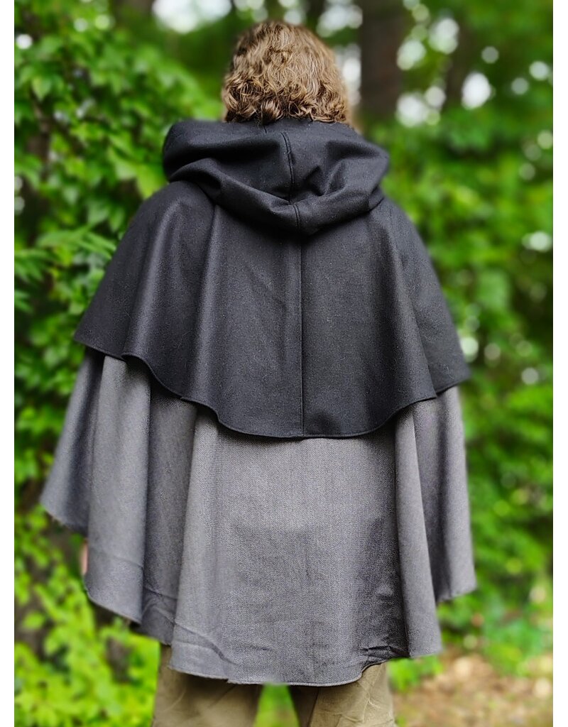 Cloakmakers.com 6126-Black & Grey Micro-Check Mantle Cloak w/ Black Velvet Hood Lining & Triple Medallion Clasp