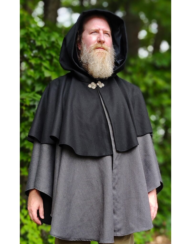Cloakmakers.com 6126-Black & Grey Micro-Check Mantle Cloak w/ Black Velvet Hood Lining & Triple Medallion Clasp