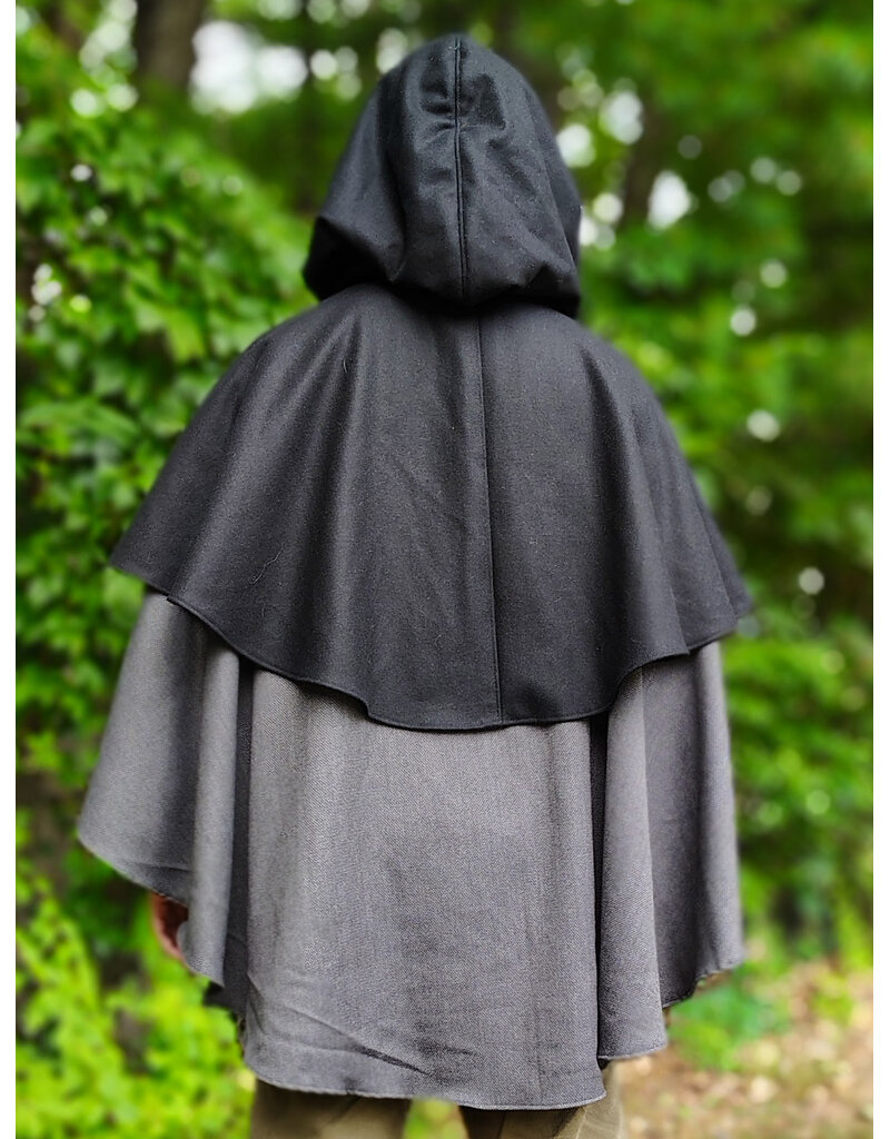 Cloakmakers.com 6126-Black & Grey Micro-Check Mantle Cloak w/ Black Velvet Hood Lining & Triple Medallion Clasp
