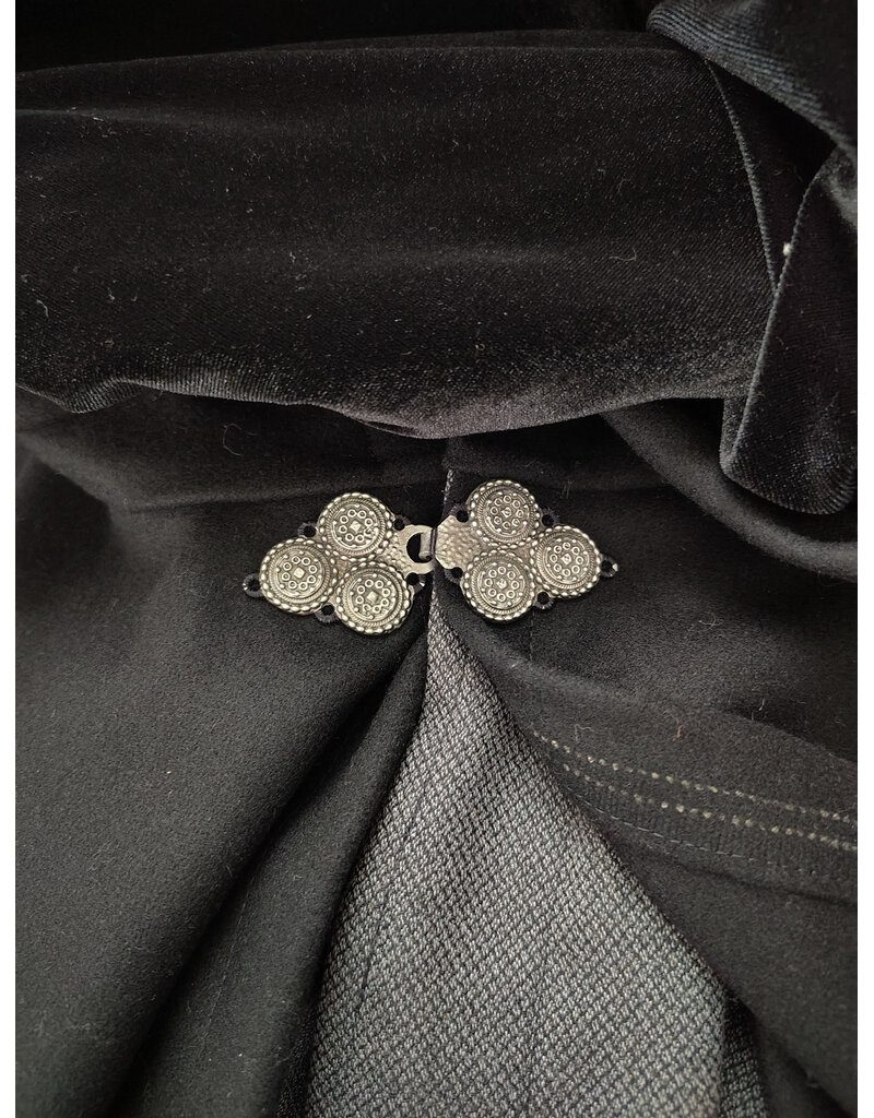 Cloakmakers.com 6126-Black & Grey Micro-Check Mantle Cloak w/ Black Velvet Hood Lining & Triple Medallion Clasp