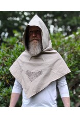 Cloakmakers.com H589-Washable Beige Cotton Blend Pointy Hooded Cowl w/ Celtic Knotted Beasts Embroidery