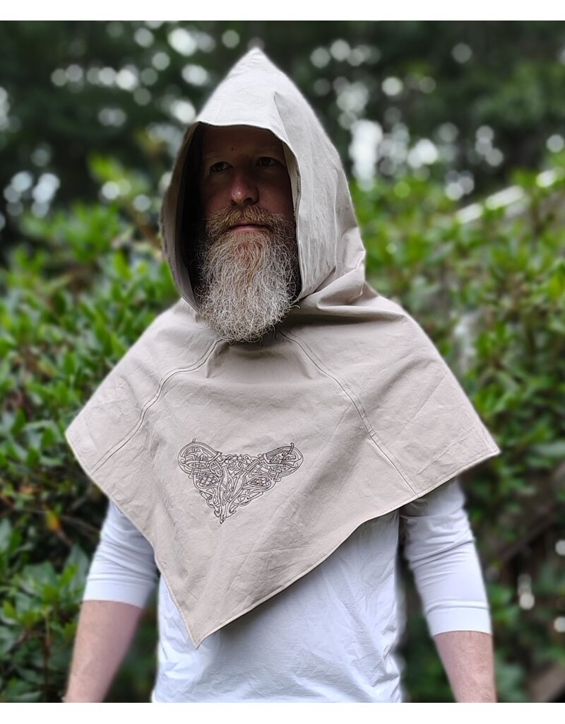 Cloakmakers.com H589-Washable Beige Cotton Blend Pointy Hooded Cowl w/ Celtic Knotted Beasts Embroidery